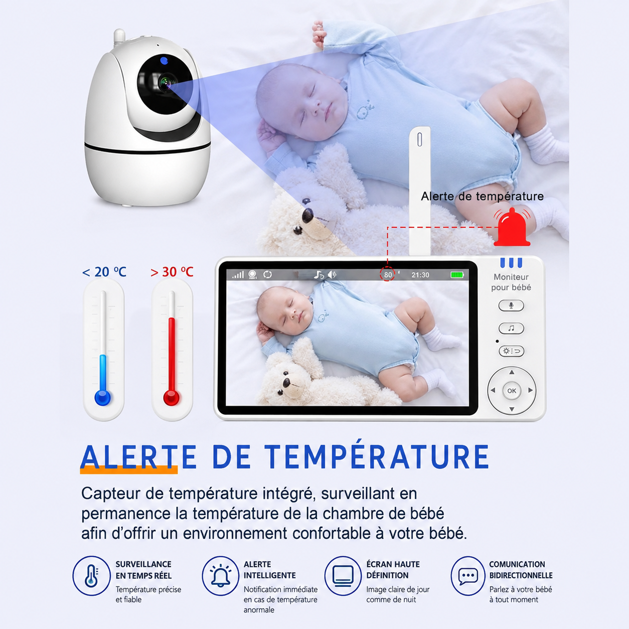 Moniteur Bébé Vidéo HD 5,0" avec Vision Nocturne & Capteur de Température