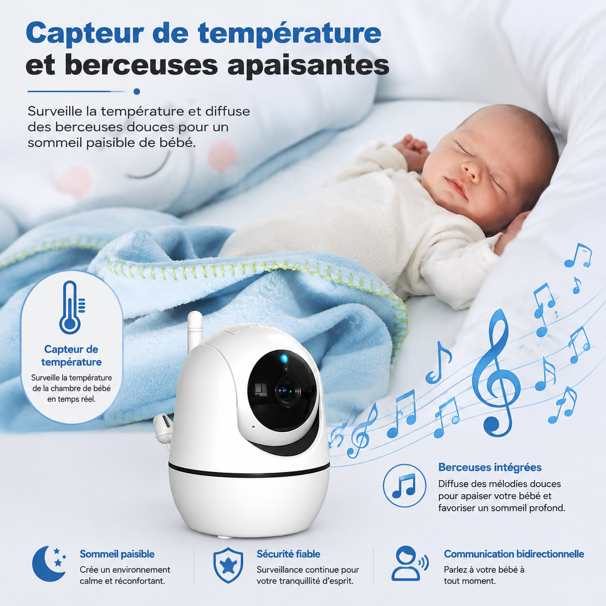 Moniteur Bébé Vidéo HD 5,0" avec Vision Nocturne & Capteur de Température