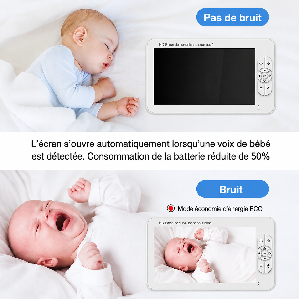 Moniteur Bébé Vidéo HD 5,0" avec Vision Nocturne & Capteur de Température