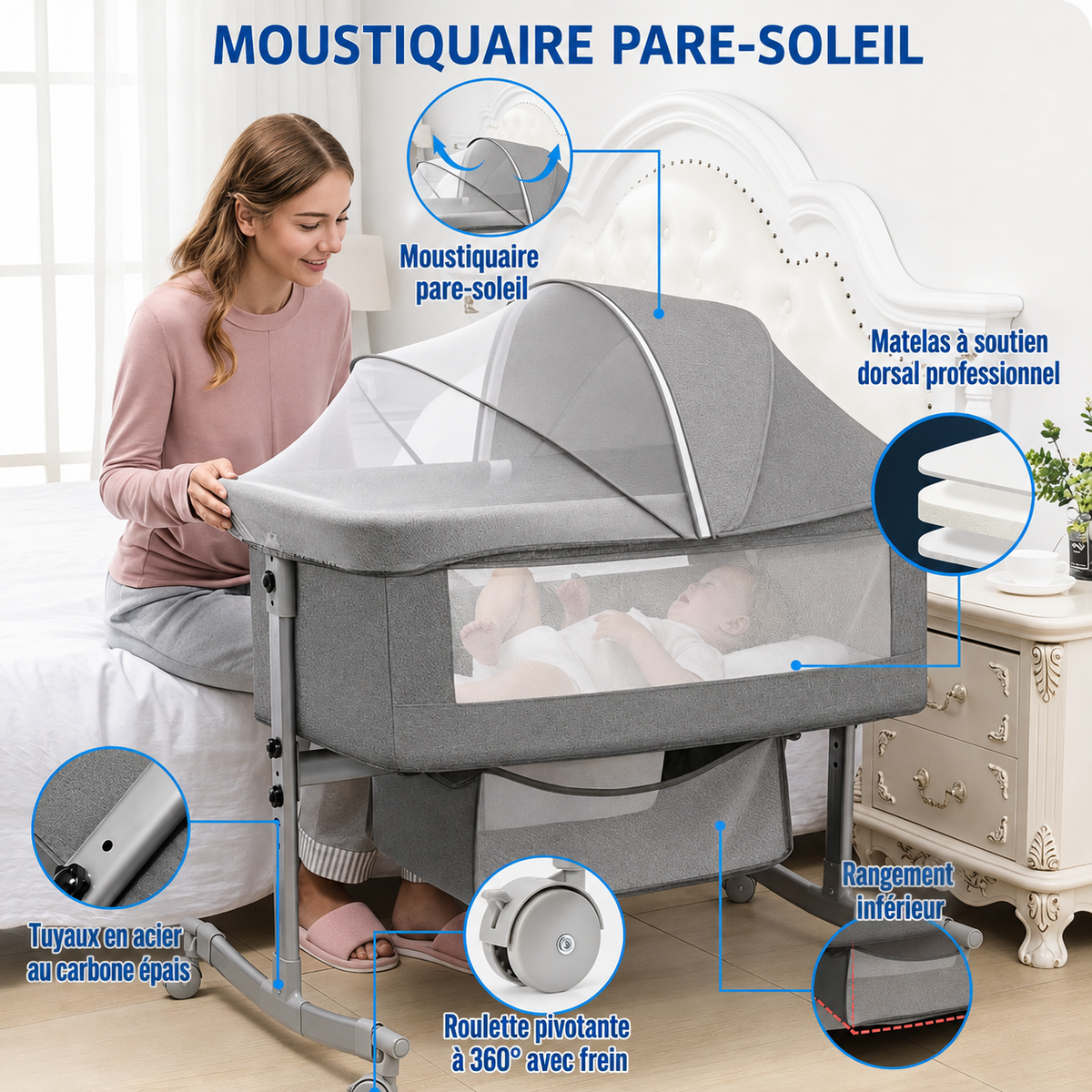 Berceau Cododo Evolutif 3-en-1 Portable avec Roulettes (0-3 Ans)