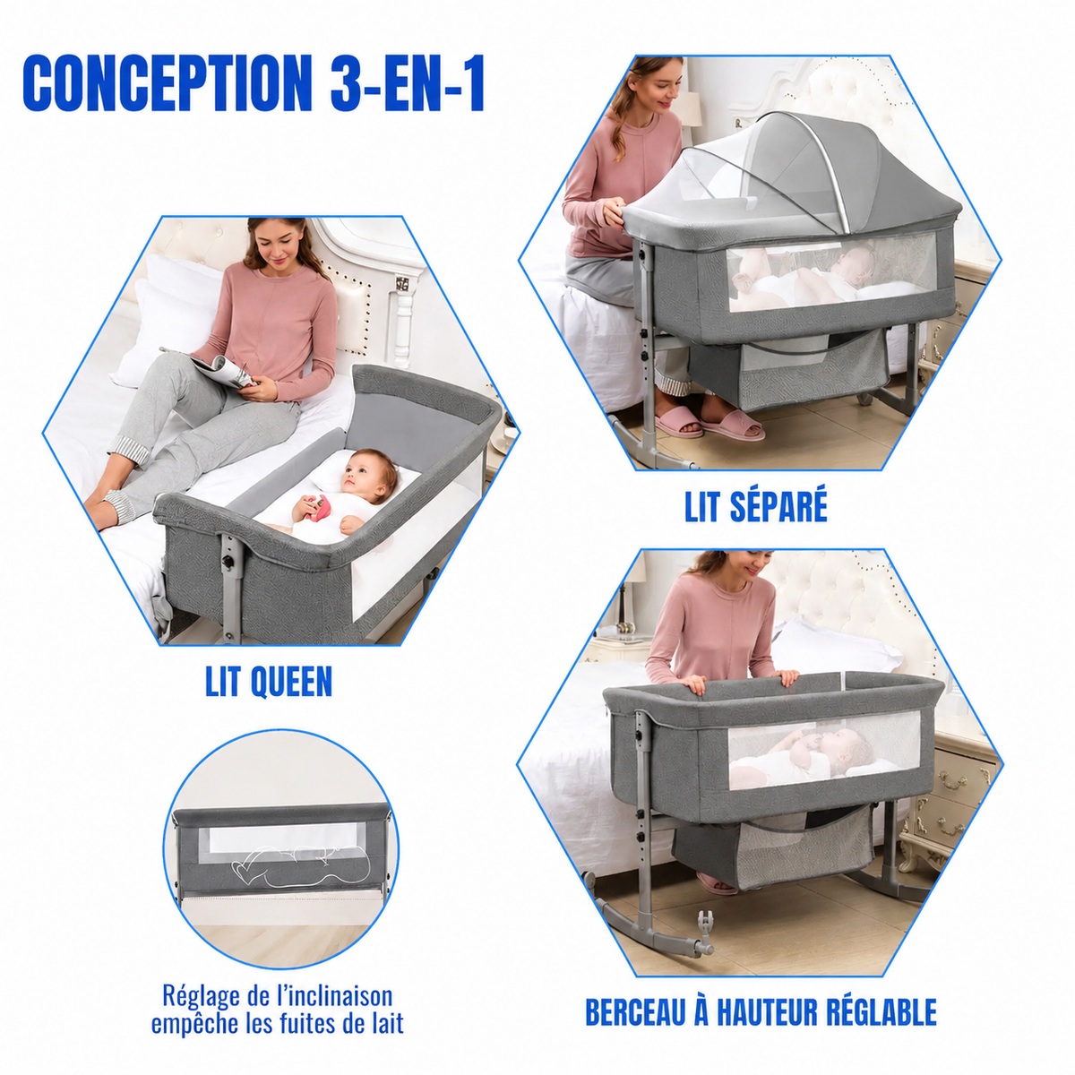 Berceau Cododo Evolutif 3-en-1 Portable avec Roulettes (0-3 Ans)