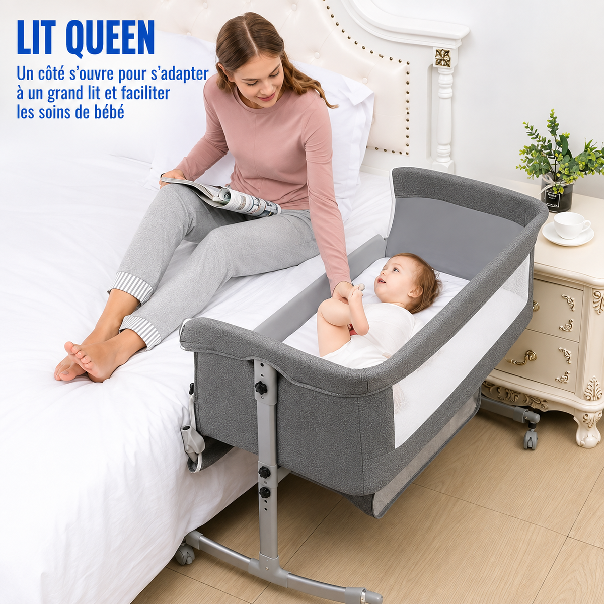 Berceau Cododo Evolutif 3-en-1 Portable avec Roulettes (0-3 Ans)