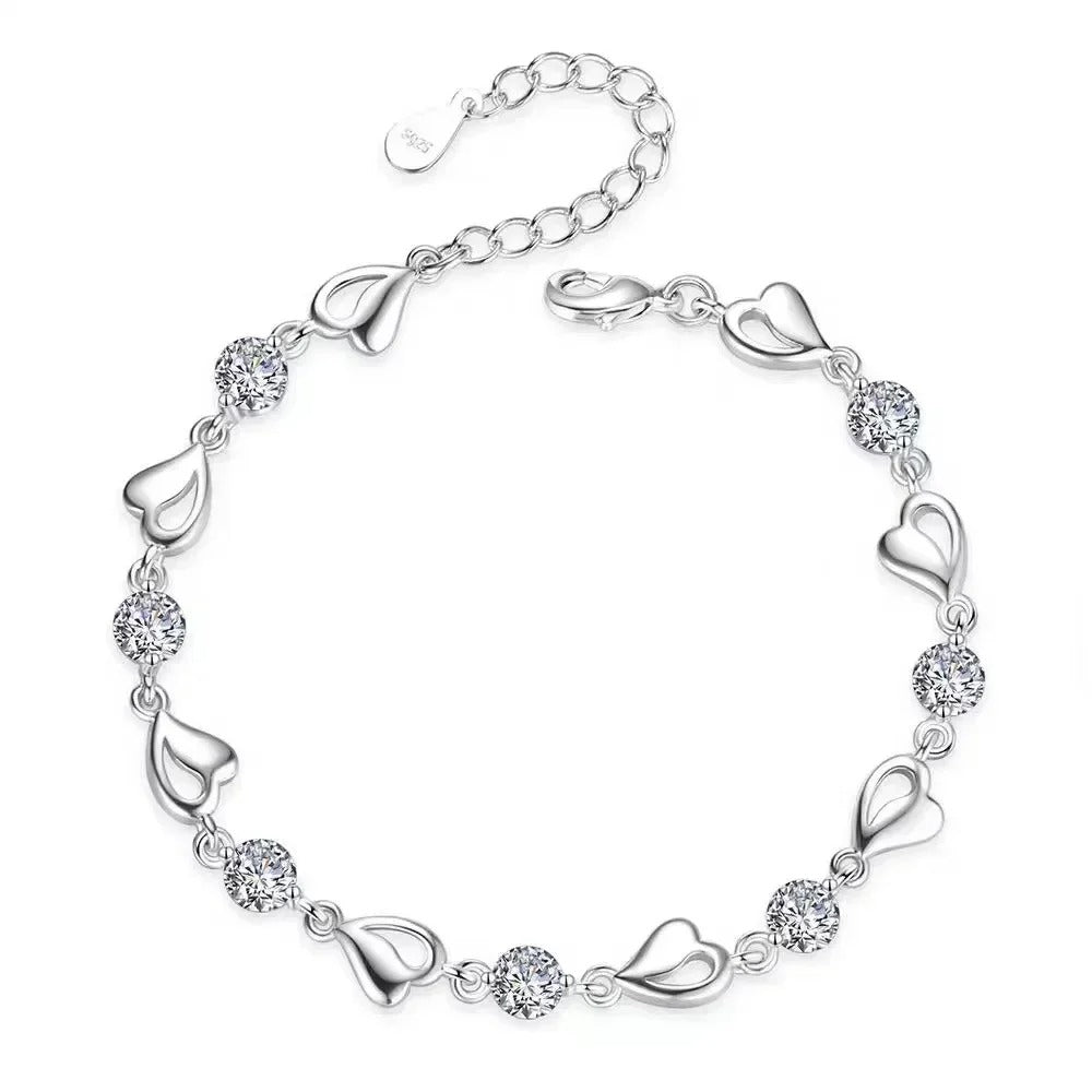 925 Sterling Silver Heart Shaped Necklace Bracelet Set