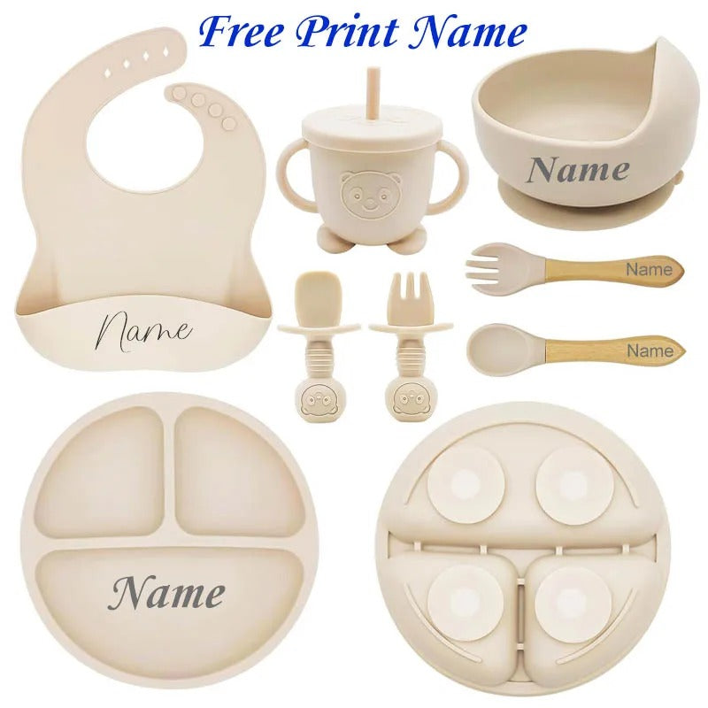 Set Repas Bébé Personnalisé en Silicone – Assiette, Bol, Tasse & Couverts