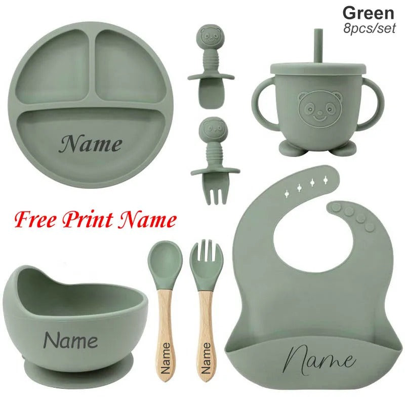 Set Repas Bébé Personnalisé en Silicone – Assiette, Bol, Tasse & Couverts