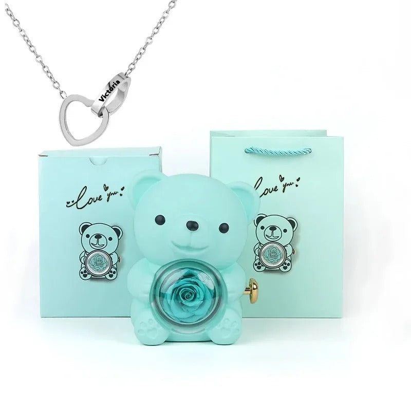 Rose Teddy Bear With Engraved Necklace
