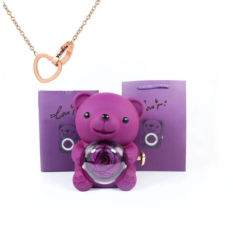 Rose Teddy Bear With Engraved Necklace
