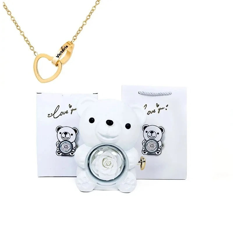 Rose Teddy Bear With Engraved Necklace