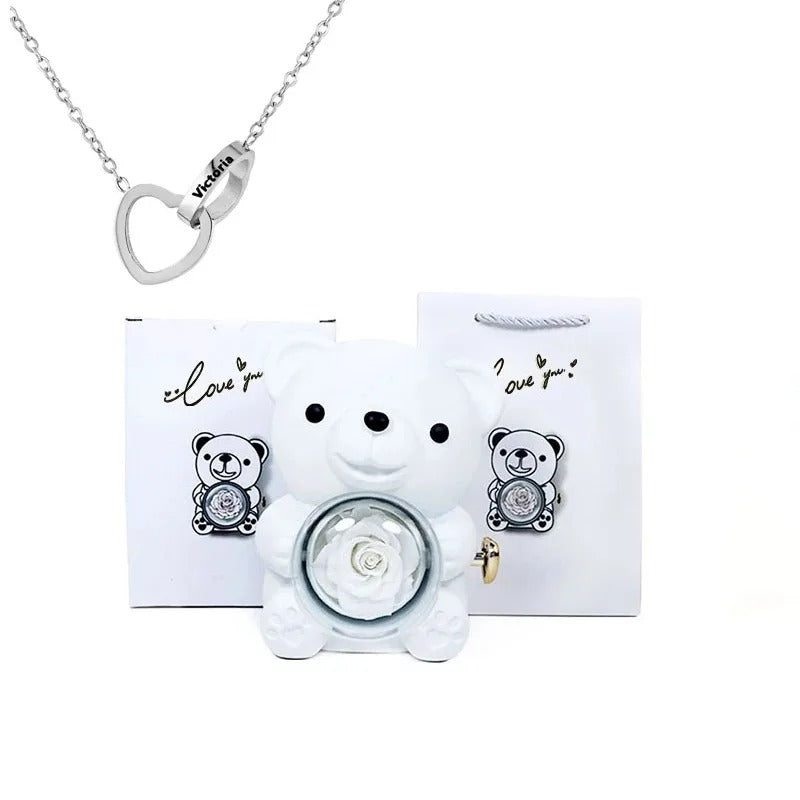 Rose Teddy Bear With Engraved Necklace