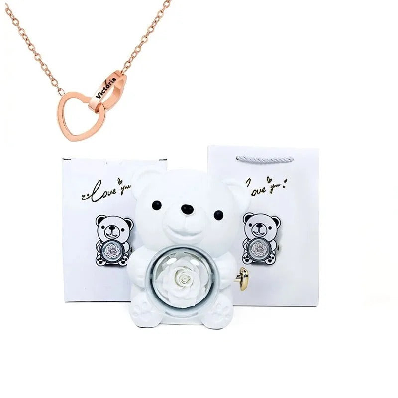 Rose Teddy Bear With Engraved Necklace