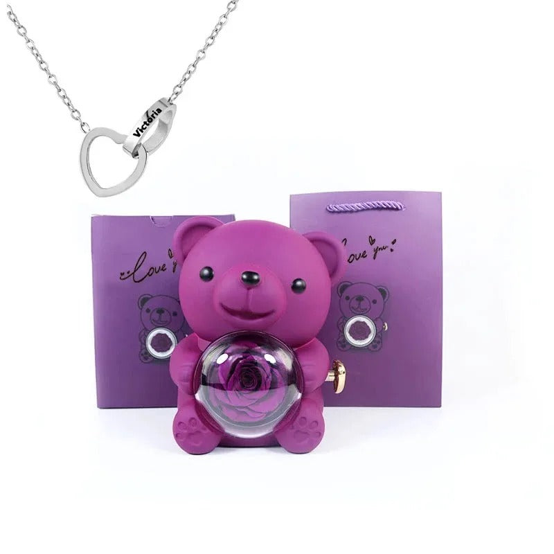 Rose Teddy Bear With Engraved Necklace