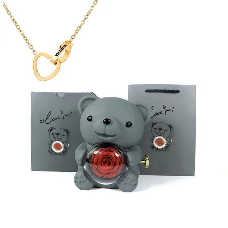 Rose Teddy Bear With Engraved Necklace