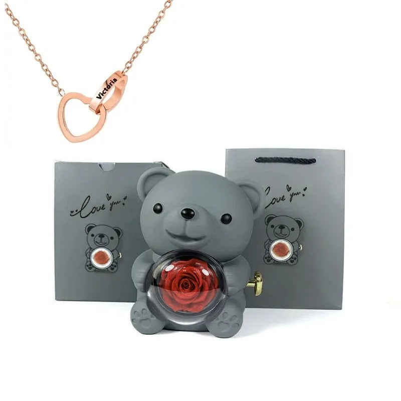 Rose Teddy Bear With Engraved Necklace