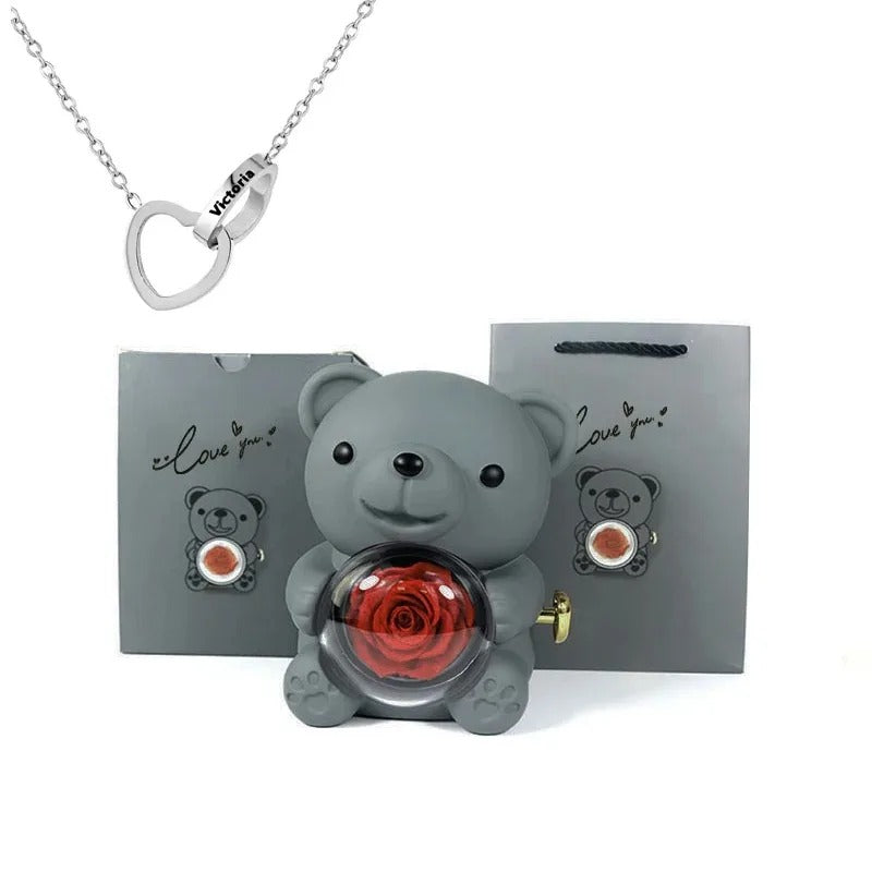 Rose Teddy Bear With Engraved Necklace