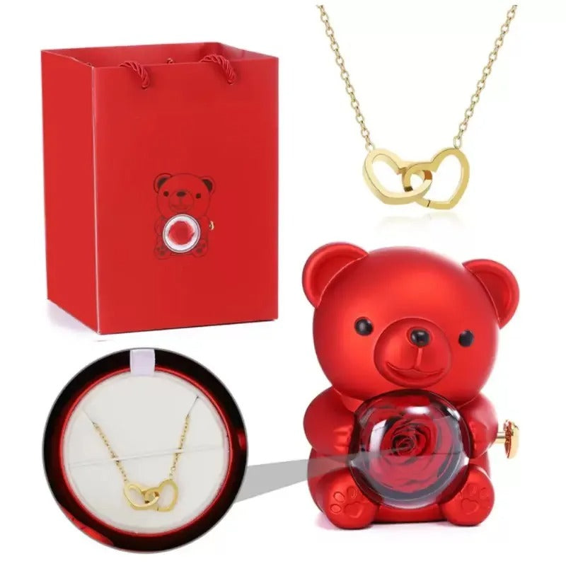 Rose Teddy Bear With Engraved Necklace