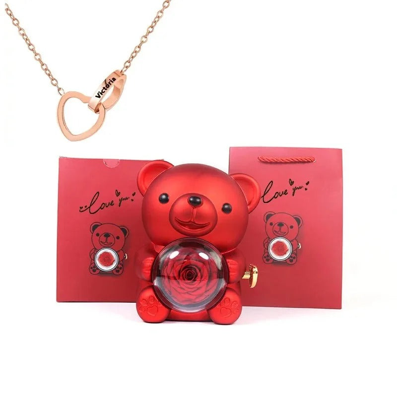 Rose Teddy Bear With Engraved Necklace
