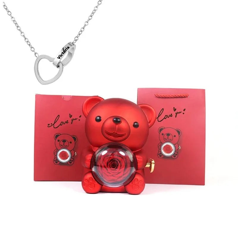 Rose Teddy Bear With Engraved Necklace