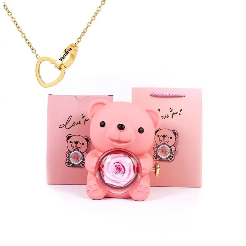 Rose Teddy Bear With Engraved Necklace