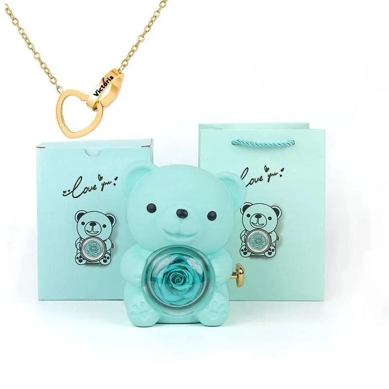 Rose Teddy Bear With Engraved Necklace