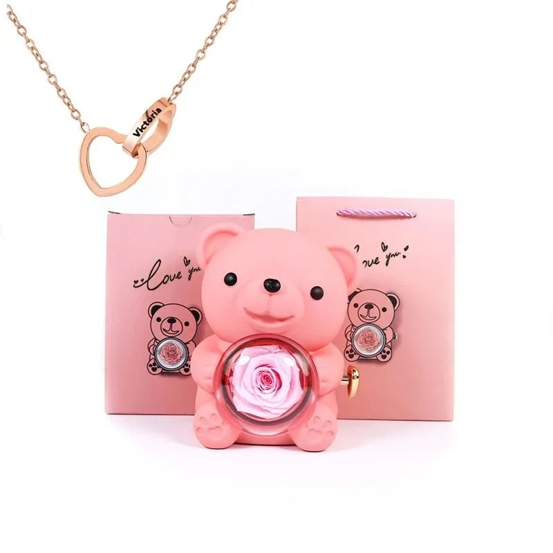 Rose Teddy Bear With Engraved Necklace