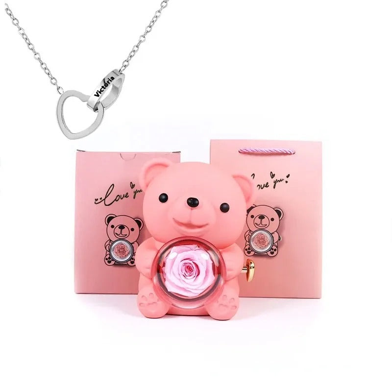 Rose Teddy Bear With Engraved Necklace
