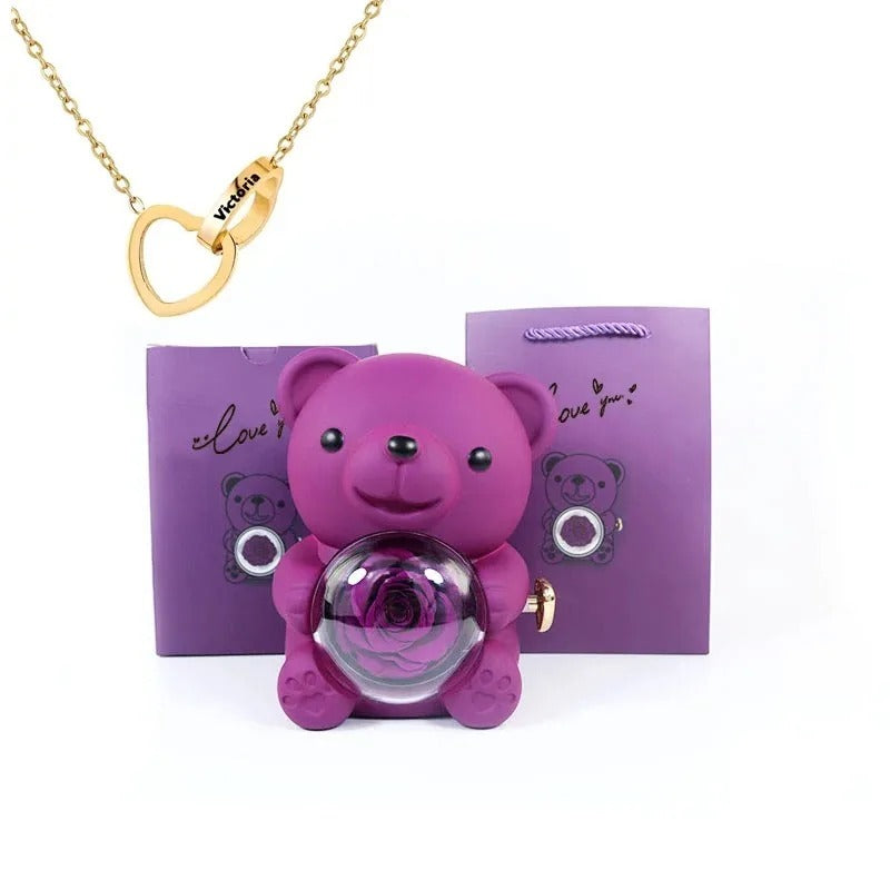 Rose Teddy Bear With Engraved Necklace
